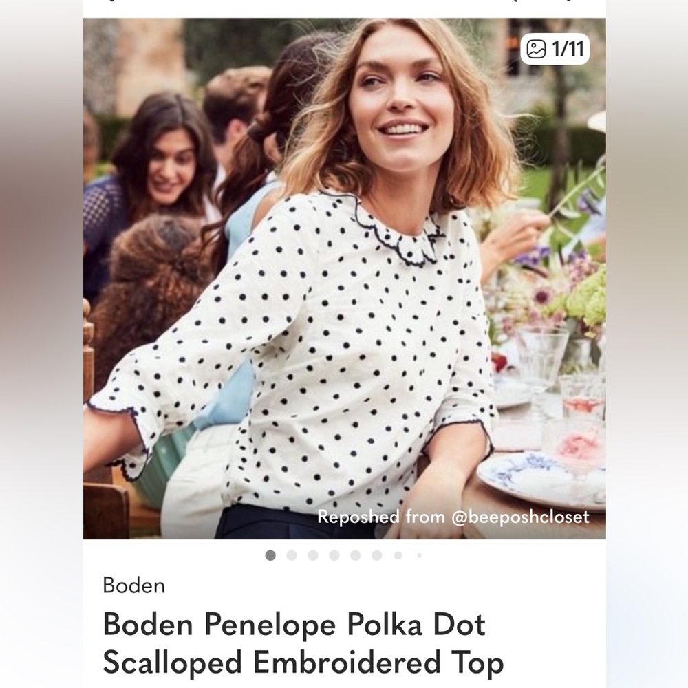 ISO Boden White Polka Dot Scalloped Embroidered Blouse Sz6